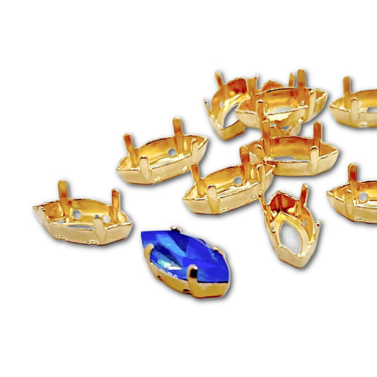 Josef Bergs Sew-On Setting - 4 Prongs - 4 Holes - Gold - 15x7mm Navette