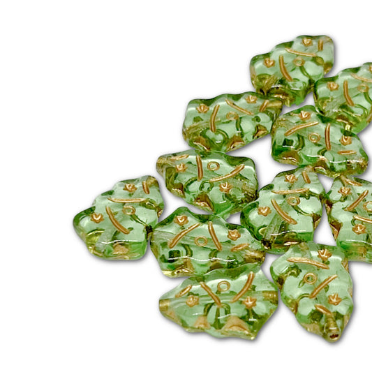 Czech Glass Christmas Tree Beads - 17x12mm - Peridot Green Gold Wash - Each