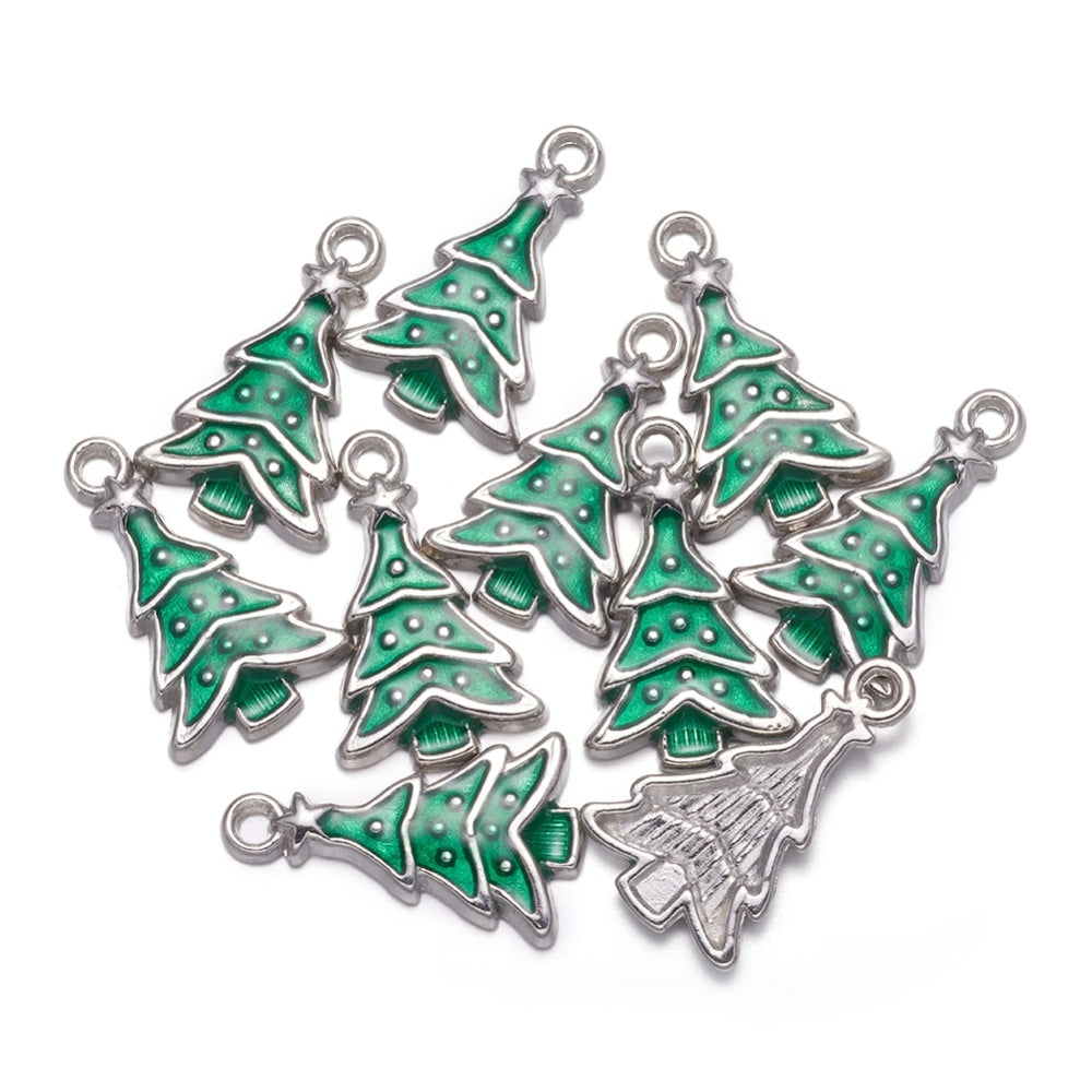 Silver Enamel Christmas Tree Charm 23x14mm - Pack of 5