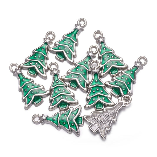 Silver Enamel Christmas Tree Charm 23x14mm - Pack of 5