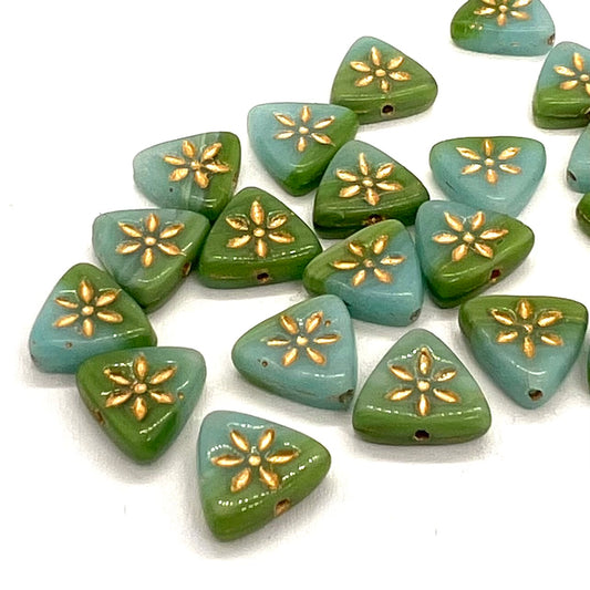 10mm Czech Glass Triangle Bead - Green/Turquoise - Per Piece
