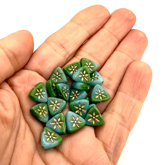 10mm Czech Glass Triangle Bead - Green/Turquoise - Per Piece