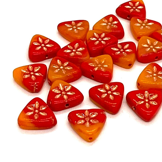 10mm Czech Glass Triangle Bead - Rust/Red - Per Piece