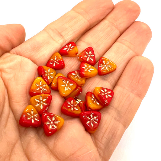10mm Czech Glass Triangle Bead - Rust/Red - Per Piece