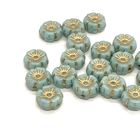 8mm Czech Glass Mallow Flower Bead - Turquoise Gold Wash - Per Piece