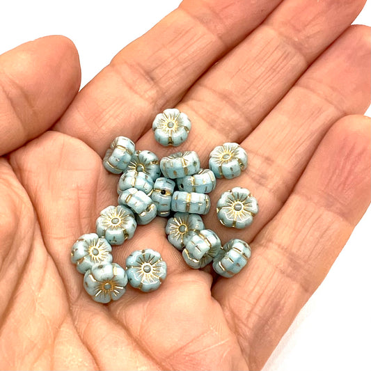8mm Czech Glass Mallow Flower Bead - Turquoise Gold Wash - Per Piece