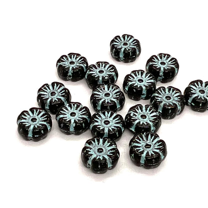 8mm Czech Glass Mallow Flower Bead - Jet Verdigris Wash - Per Piece