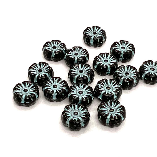 8mm Czech Glass Mallow Flower Bead - Jet Verdigris Wash - Per Piece