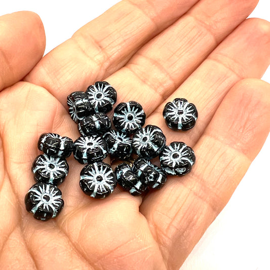 8mm Czech Glass Mallow Flower Bead - Jet Verdigris Wash - Per Piece