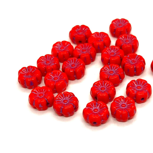 8mm Czech Glass Mallow Flower Bead - Red Blue Wash - Per Piece