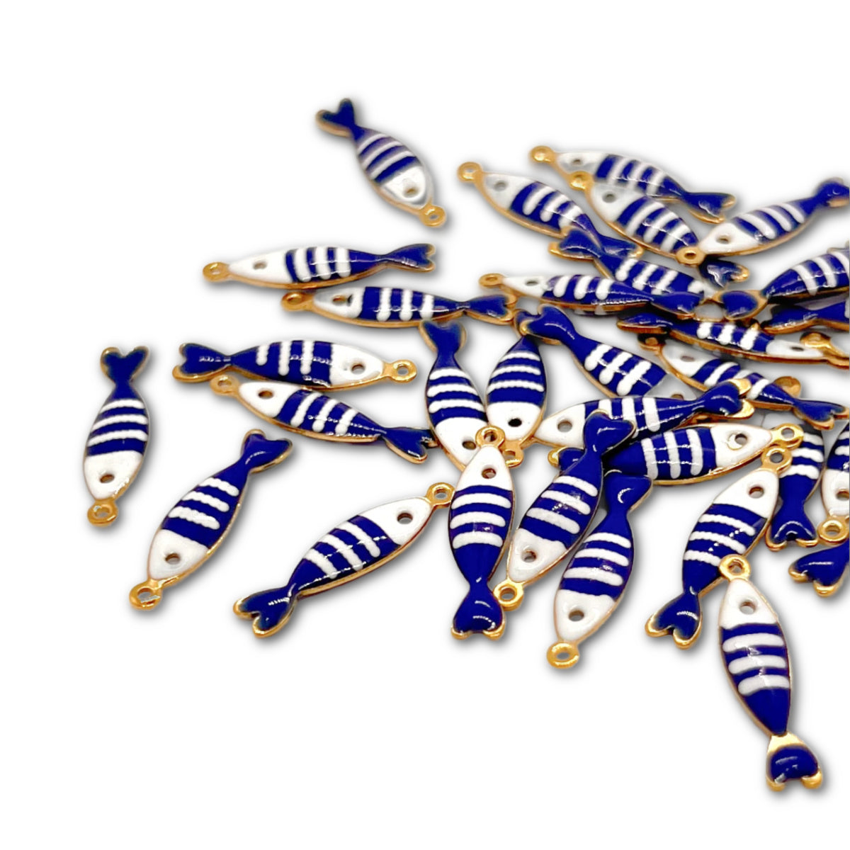 Gold Plated Enamel Stripy Fish Charms 20x5mm - Pack of 2 - Blue