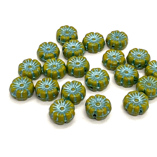 8mm Czech Glass Mallow Flower Bead - Olive Mint Wash - Per Piece