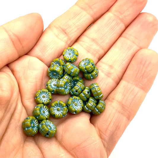 8mm Czech Glass Mallow Flower Bead - Olive Mint Wash - Per Piece
