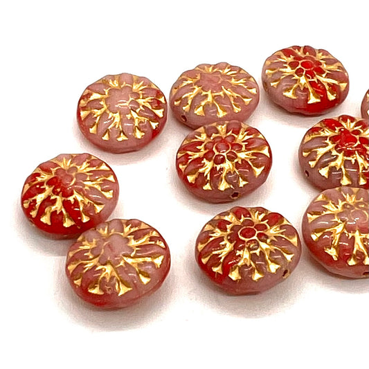 15mm Czech Glass Vintage Style Round Bead - Pink/Red - Per Piece