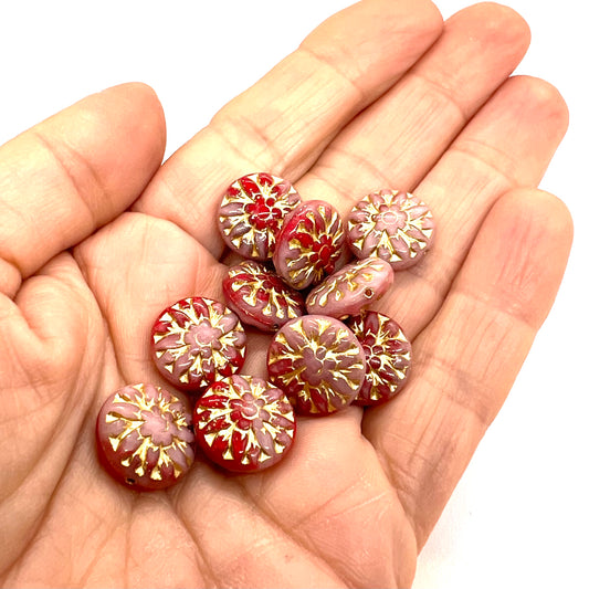 15mm Czech Glass Vintage Style Round Bead - Pink/Red - Per Piece