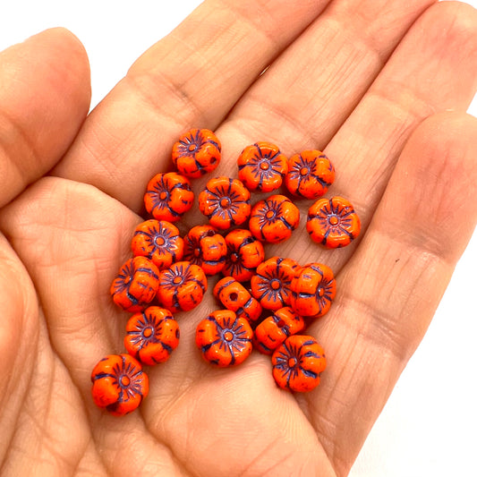 8mm Czech Glass Mallow Flower Bead - Orange Blue Wash - Per Piece