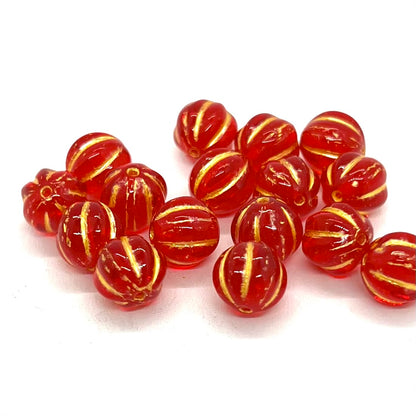 8mm Czech Glass Melon Bead - Siam Red Gold Wash - Per Piece