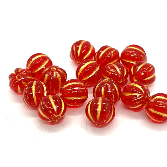 8mm Czech Glass Melon Bead - Siam Red Gold Wash - Per Piece