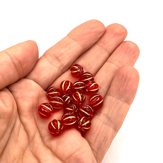 8mm Czech Glass Melon Bead - Siam Red Gold Wash - Per Piece