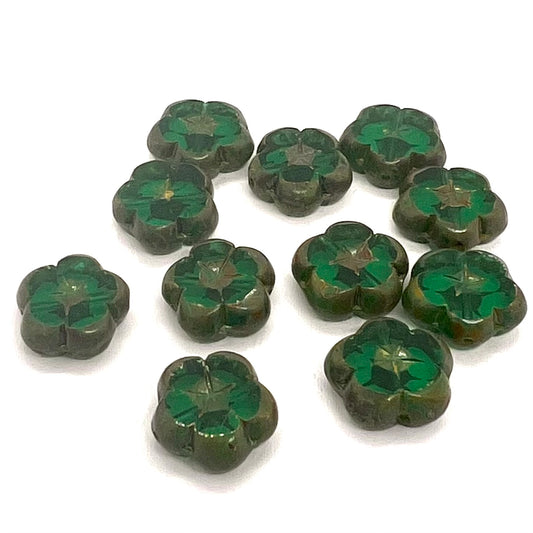 14mm Czech Glass Table Cut Flower Bead - Emerald Picasso - Per Piece