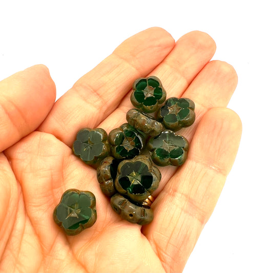 14mm Czech Glass Table Cut Flower Bead - Emerald Picasso - Per Piece