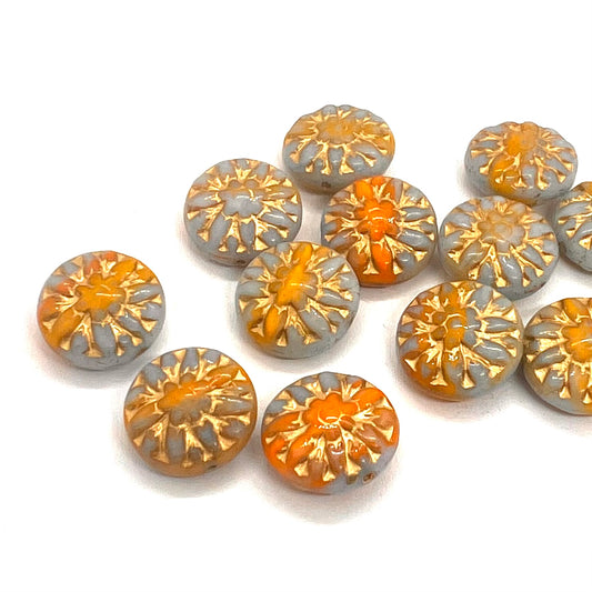 15mm Czech Glass Vintage Style Round Bead - Grey/Satsuma Gold Wash - Per Piece