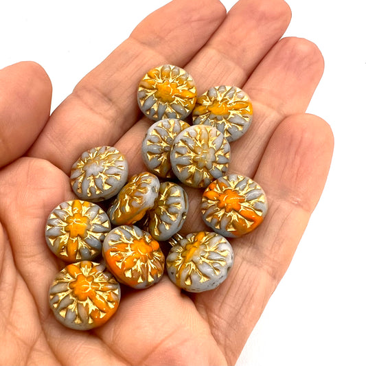 15mm Czech Glass Vintage Style Round Bead - Grey/Satsuma Gold Wash - Per Piece