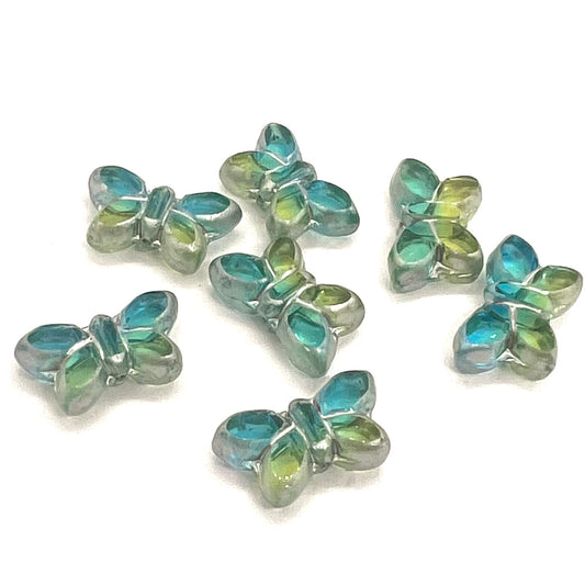 11x20mm Czech Glass Vintage Style Table Cut Butterfly Beads - Green/Blue Silver Wash - Per Piece