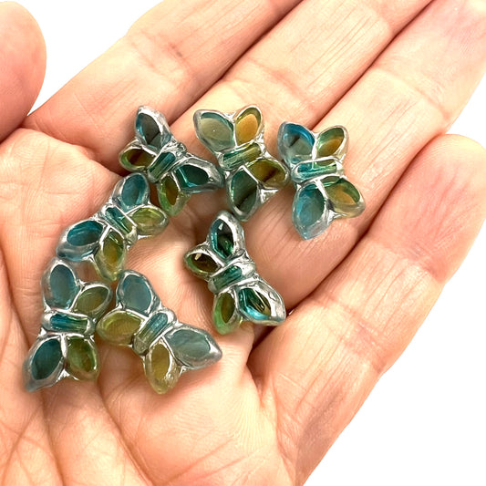11x20mm Czech Glass Vintage Style Table Cut Butterfly Beads - Green/Blue Silver Wash - Per Piece