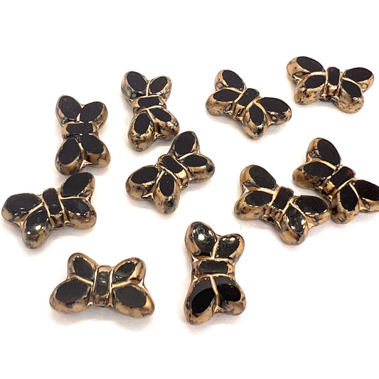 11x20mm Czech Glass Vintage Style Table Cut Butterfly Beads - Jet Picasso - Per Piece