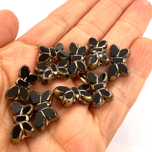 11x20mm Czech Glass Vintage Style Table Cut Butterfly Beads - Jet Picasso - Per Piece