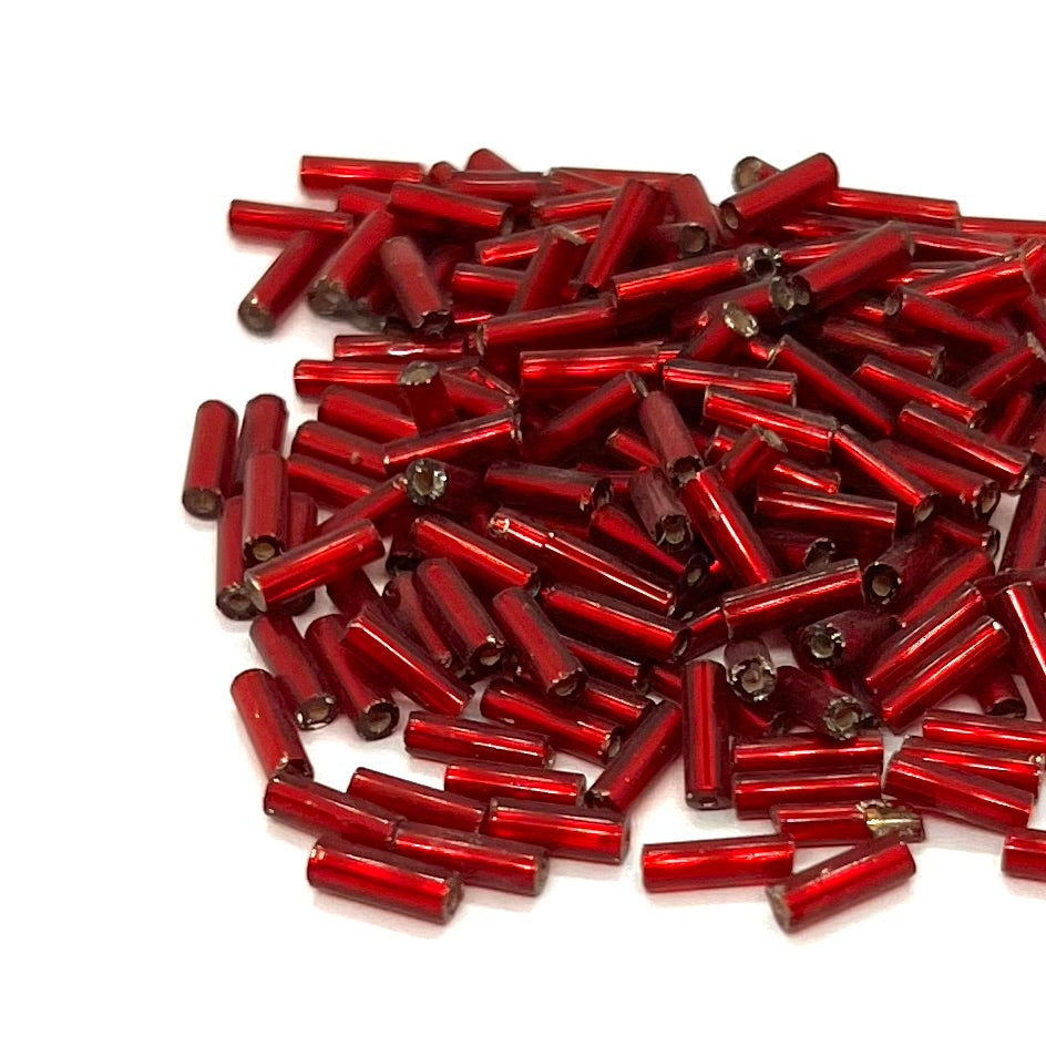 7mm Vintage Czech Bugle Beads - Silver Lined Ruby - 10g