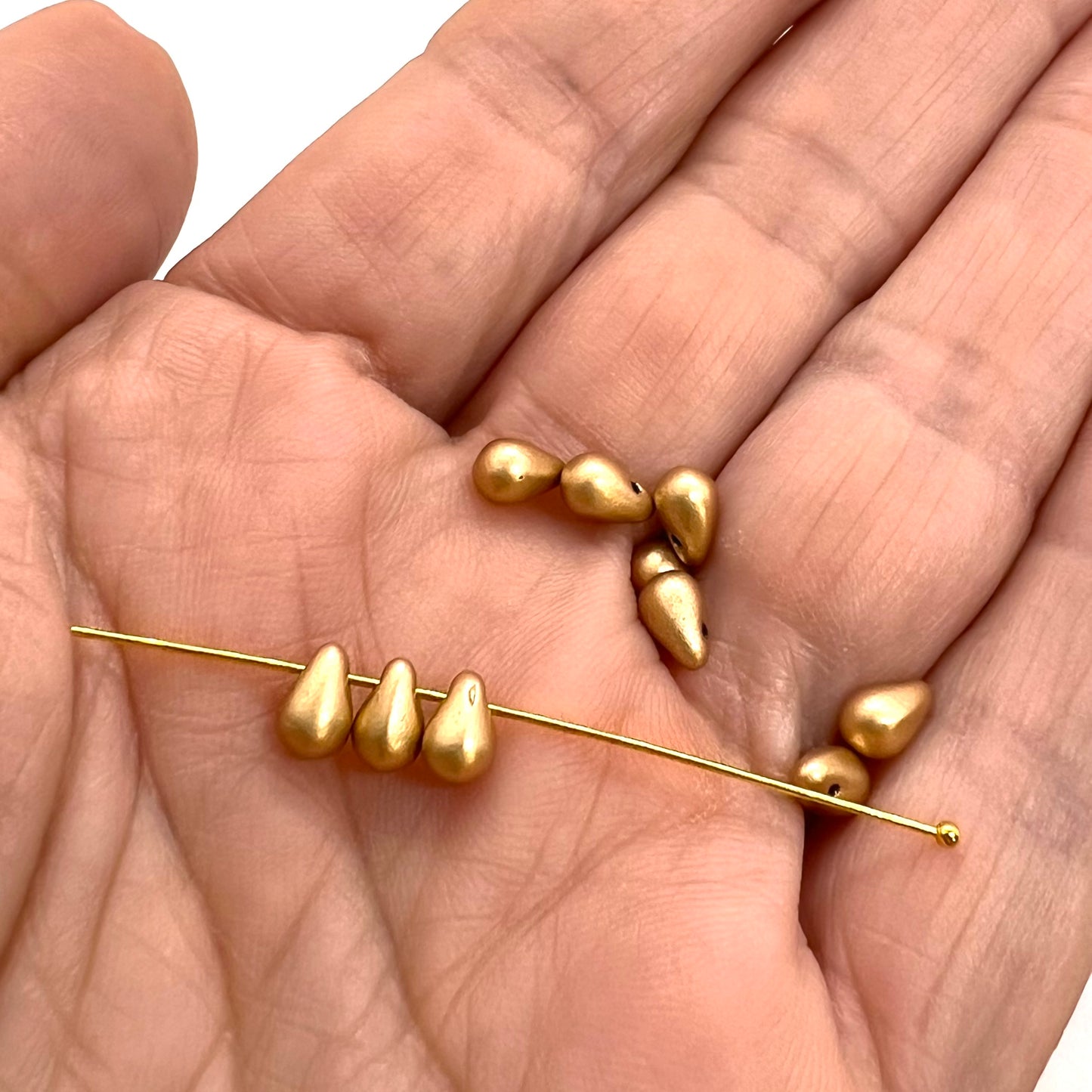 4x6mm Pressed Glass Tear Drop Beads - Pack of 10 - Light Gold Matte