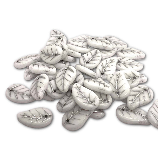 14x9mm Leaf Beads - Pack of 10 - White with Silver Wash