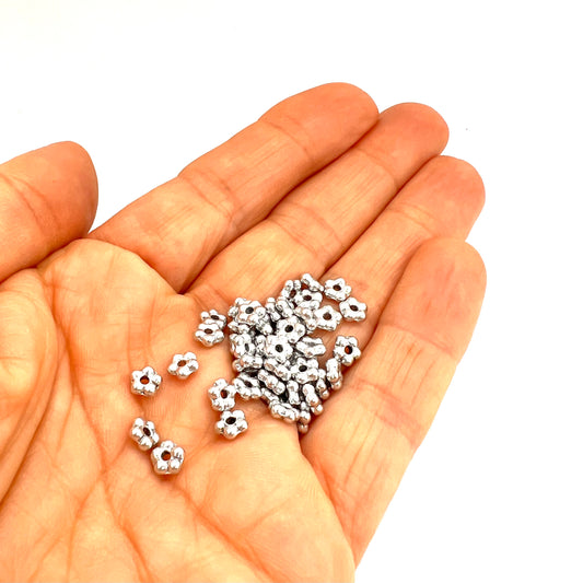 5mm Czech Glass Flower Beads - Pack of 50 - Aluminium Silver