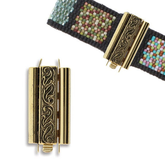 Beadslide Clasp 10x24mm - Swirl Design - Antique Gold