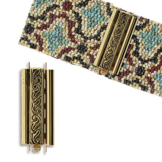 Beadslide Clasp 10x29mm - Swirl Design - Antique Gold