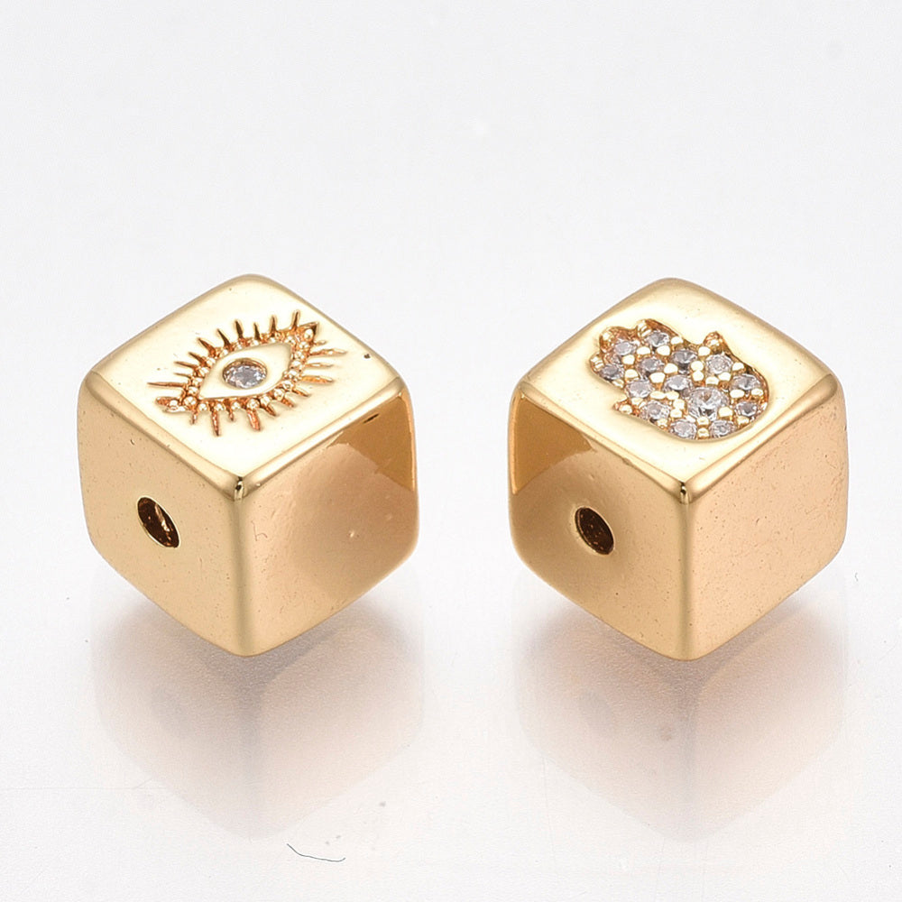 18k Gold Plated Micro Pave Cubic Zirconia Cube with Hamsa and Eye - Priced Per Piece
