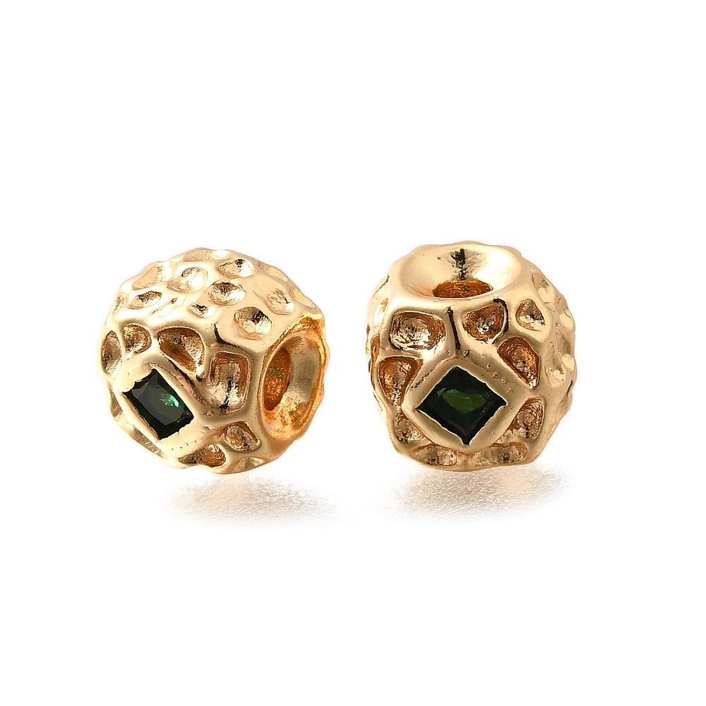 18k Gold Plated 8mm Textured Bead with Emerald Crystal - Priced Per Piece
