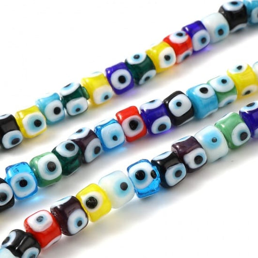 7-8mm Evil Eye Glass Cube Beads - Approx 38 Beads