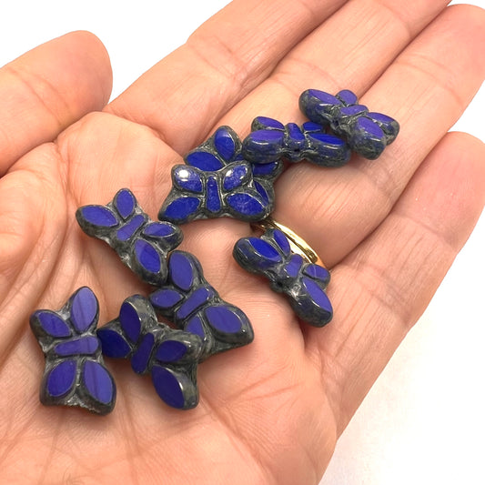 11x20mm Czech Glass Vintage Style Table Cut Butterfly Beads - Cobalt Blue - Per Piece