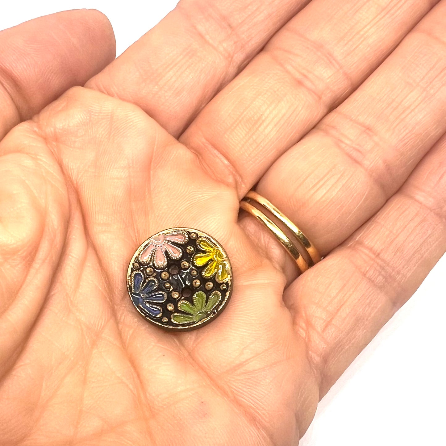 Vintage Czech Glass Hand Painted Flower Button 18mm - Black