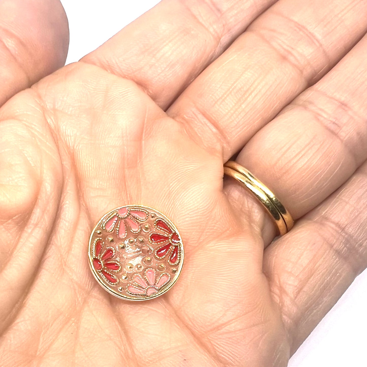 Vintage Czech Glass Hand Painted Flower Button 18mm - Red