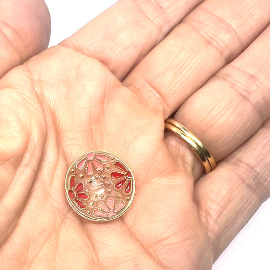 Vintage Czech Glass Hand Painted Flower Button 18mm - Red