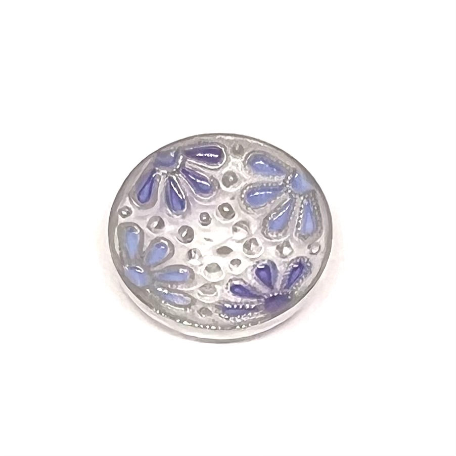 Vintage Czech Glass Hand Painted Flower Button 18mm - Blue