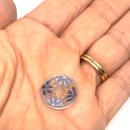 Vintage Czech Glass Hand Painted Flower Button 18mm - Blue