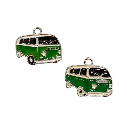 Antique Silver Enamel Camper Van Charm 24x20mm - Pack of 2