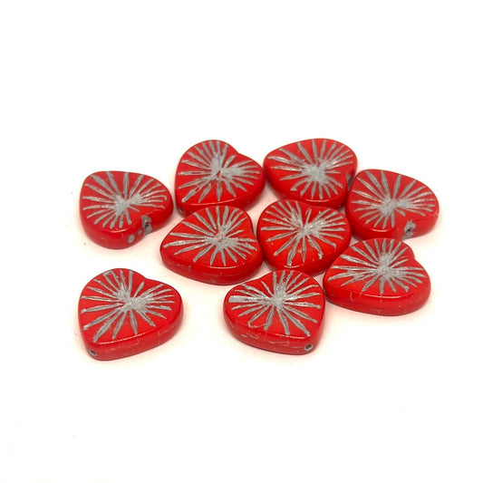 18mm Czech Glass Vintage Kiwi Heart Bead - Scarlet Red - Per Piece