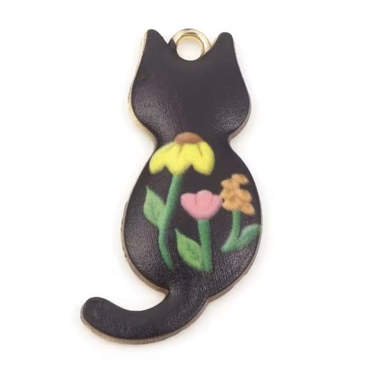 Gold Plated Enamel Cat Charm - 25x16mm - Black - Pack of 1