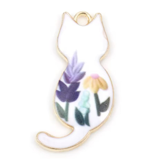 Gold Plated Enamel Cat Charm - 25x16mm - White - Pack of 1